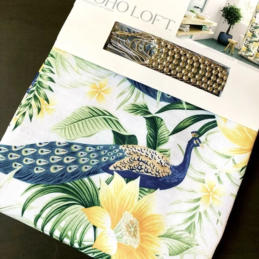 Peacock Botanical Floral Fabric Shower Curtain Set